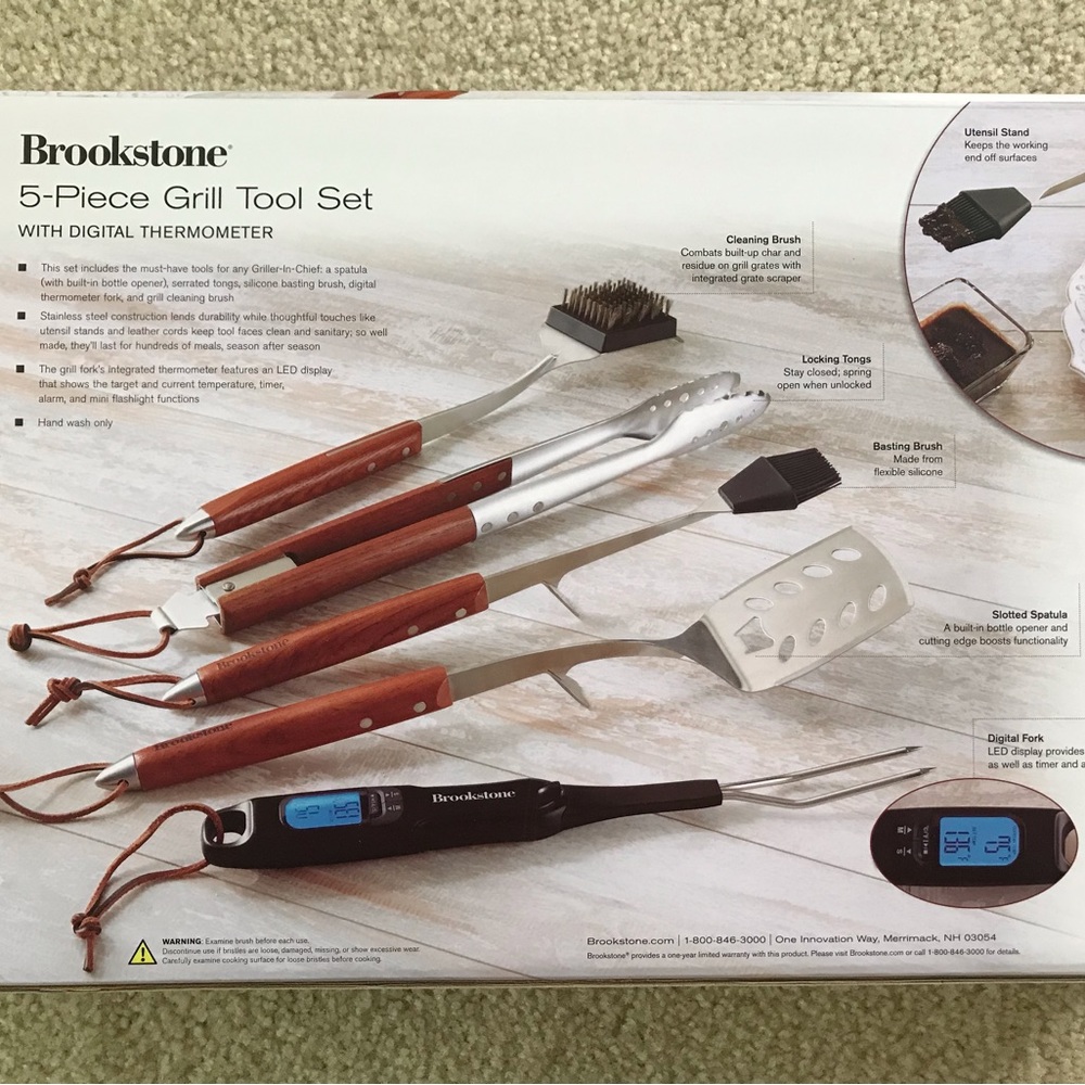 Brookstone 5-piece Grill Tool Set with Digital Thermometer Deluxe NEW in Box!